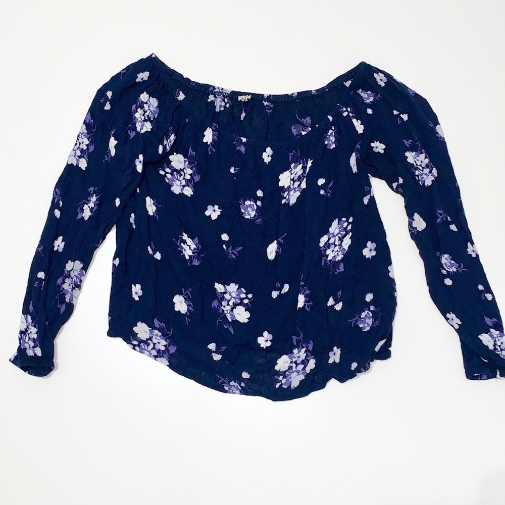 Navy Blue Blouse with Purple and White Flowers